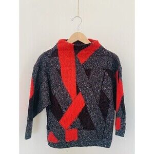 VTG FABE Acrylic & Wool Cropped Geometric Black And Red Dolman Sweater Sz SM